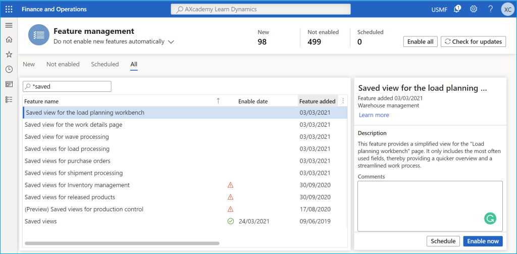 D365FO Feature Management workspace Filtered Saved views D365FO Feature Management workspace Filtered Saved views