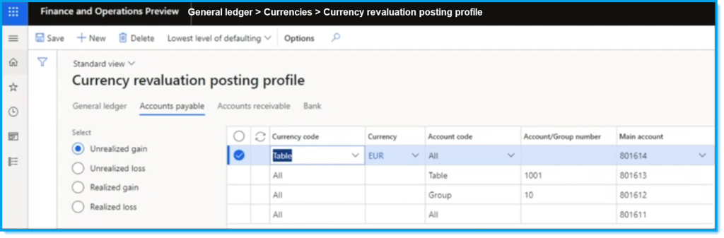 D365 Finance Currency revaluation posting profile TAB Accounts payable 1 D365 Finance Currency revaluation posting profile TAB Accounts payable 1