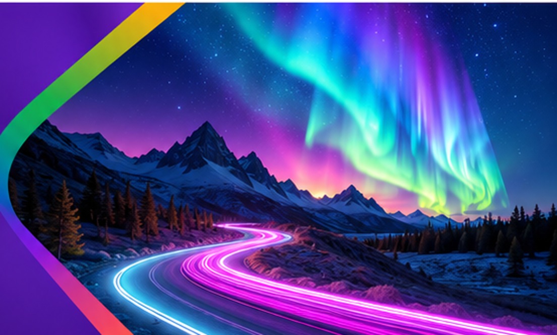 An illuminated road beneath the northern lights