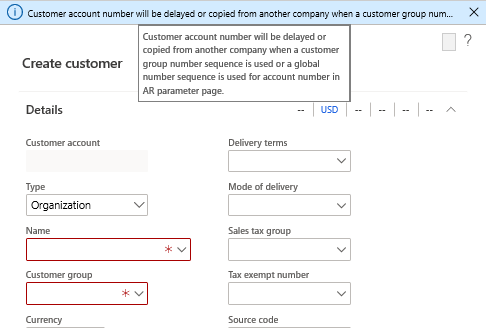 D365FO custom Number Sequence per Customer group message about delay when creating new customer D365FO custom Number Sequence per Customer group message about delay when creating new customer